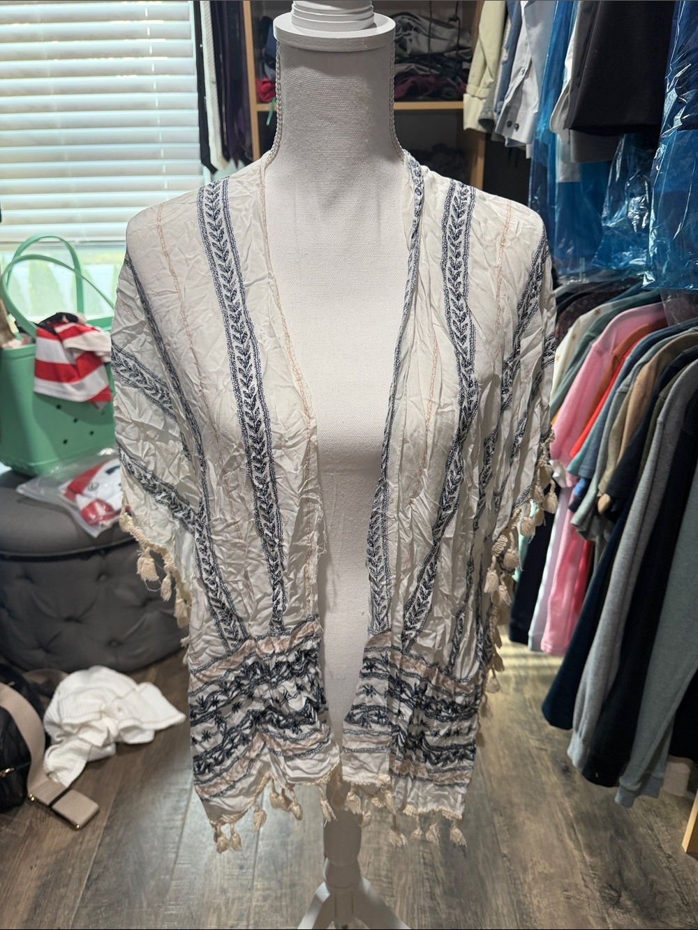 Lulla Collection White Kimono with Navy and Tan Embroidered Stripes Cover Up